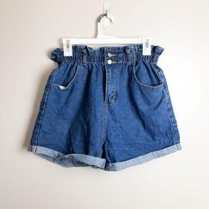 Plaid & Plain Elastic Paperbag Denim Shorts